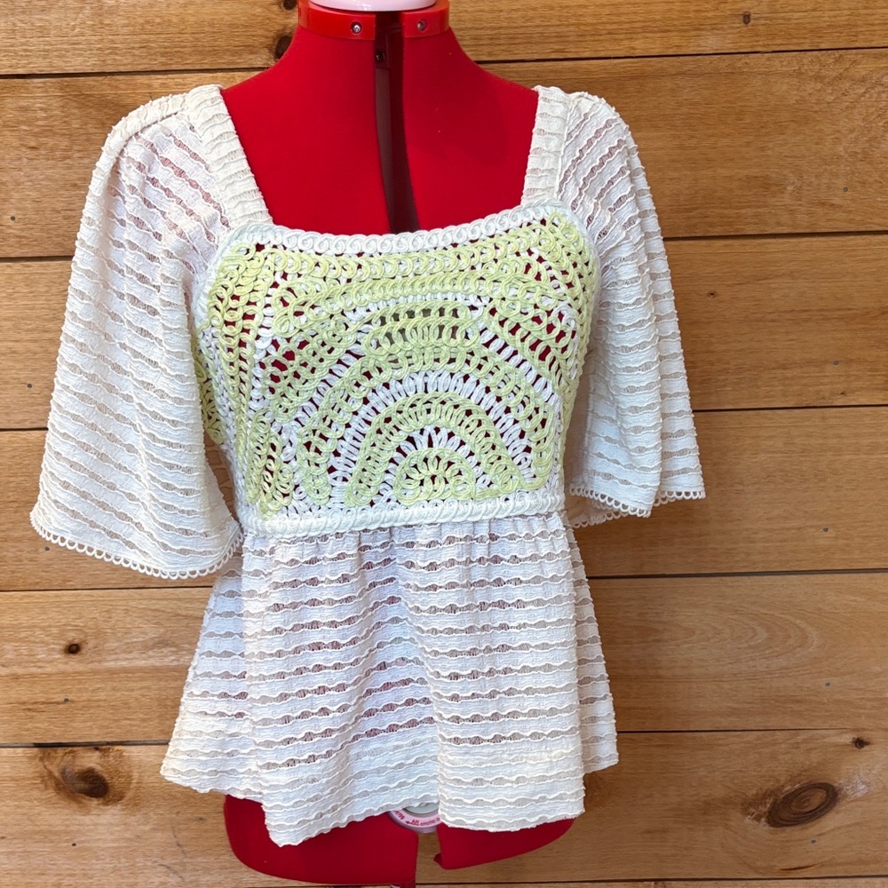 Free People White Crochet Peplum Top with Pale Yellow Panel
